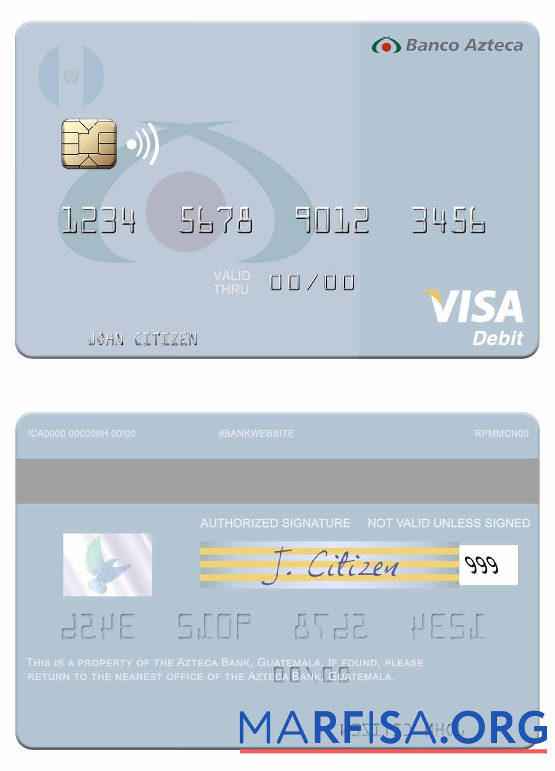 Realistic Guatemala Azteca Bank visa debit card real example